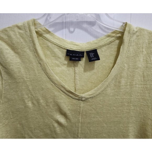 Tahari Women's Short Sleeve V Neck Pullover Top Asymmetrical Green Linen Sz M - Picture 2 of 9